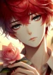 DALL·E-2025-03-01-02.24.21-An-anime-style-illustration-of-a-young-man-with-vibrant-red-hair-and-striking-gray-eyes-gently-holding-a-delicate-flower.-His-expression-is-melanchol