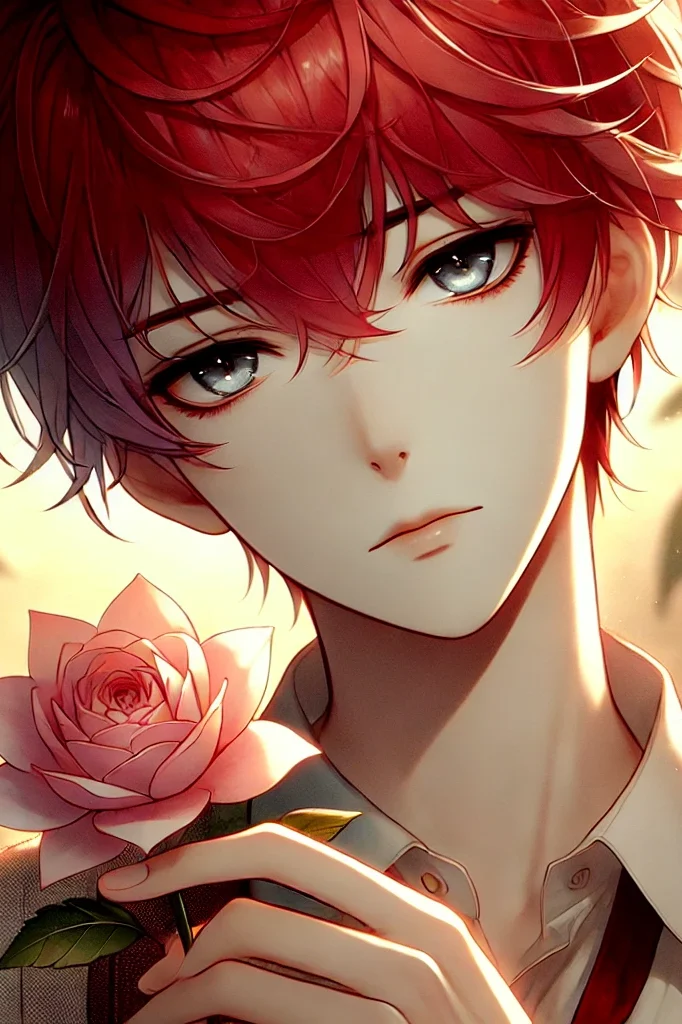 DALL·E-2025-03-01-02.24.21-An-anime-style-illustration-of-a-young-man-with-vibrant-red-hair-and-striking-gray-eyes-gently-holding-a-delicate-flower.-His-expression-is-melanchol